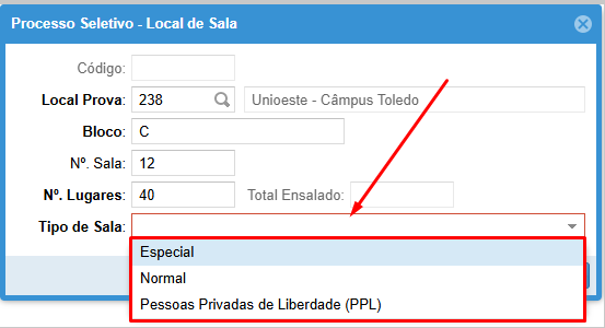 Selecionar tipo de sala