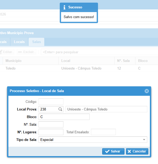 Tela para continuar adicionado salas