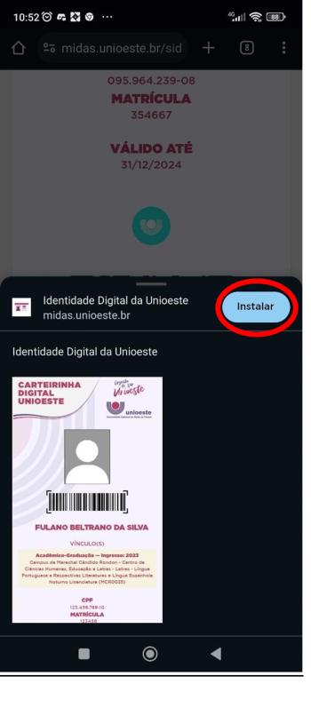 Tela de download da identidade digital