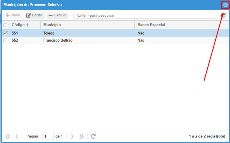 Fechar aba de municípios clicando no botão de "X"