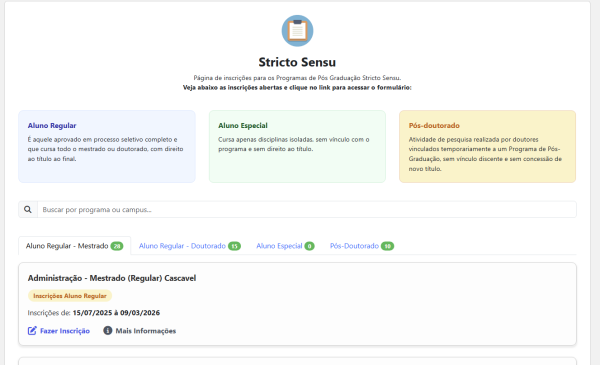 Imagem demonstrativa da tela onde aparece a lista dos processos seletivos abertos para a Pós Stricto Sensu
